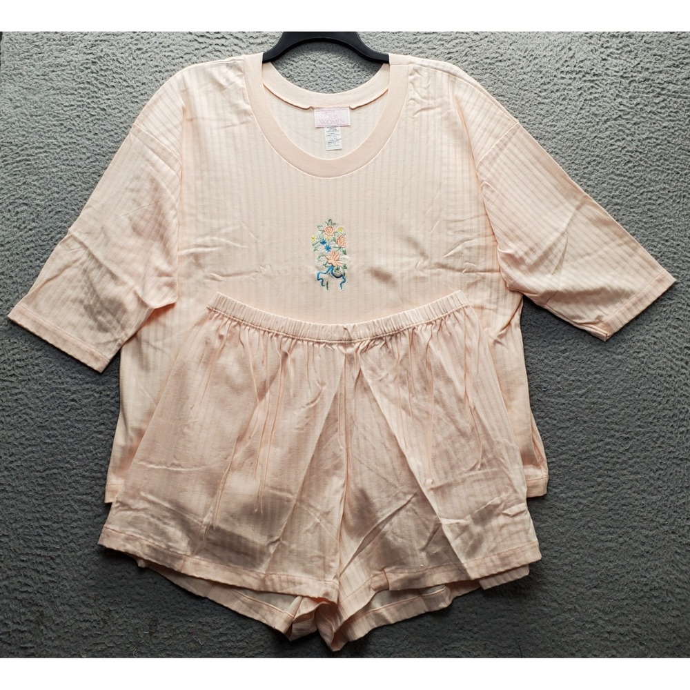 Just For Women 2 Piece Pajama Set Womens 1X Pink Striped Floral Embroidered